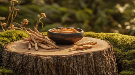 Wooden platform with a bowl of ginseng tonic, ginseng roots, and dried twigs, surrounded by a soft green moss background. A calming, nature-inspired health scene.の素材