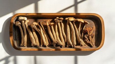 Wooden tray featuring ginseng roots and Ganoderma mushrooms on a white background with a shadow of a window.の素材