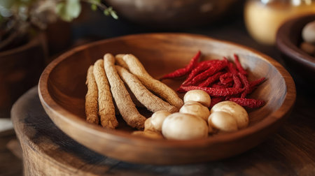 Wooden dish showcasing an assortment of Chinese herbal medicine: ginseng, red ginseng, and reishi mushrooms.の素材