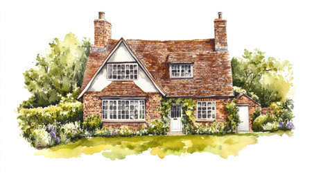 Traditional English house with a garden and lawn, watercolor illustration on a white backdrop.の素材