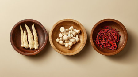 Wooden dishes featuring ginseng roots, Ganoderma mushrooms, and red ginseng, with a beige background to emphasize the authenticityの素材
