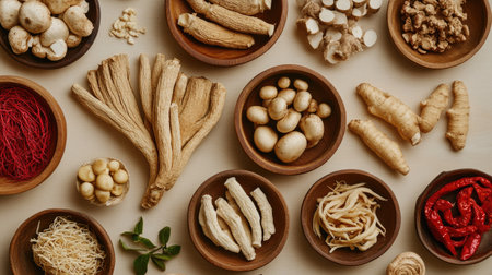 Top-down view of rare herbs including ginseng roots, Ganoderma mushrooms, and red ginseng on wooden dishesの素材