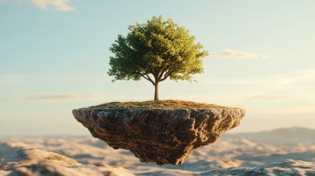 A captivating visual of a 3D tree flourishing on a floating island above a desolate landscape, symbolizing hope and the importance of environmental action for World Environment Day.の素材