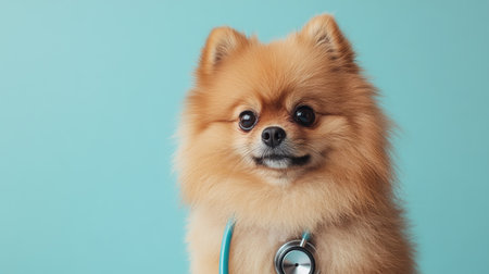 A charming image of a fluffy Pomeranian with a stethoscope, looking curiously at the camera against a soft blue background, perfect for promoting pet health and wellnessの素材