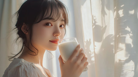 A delightful close-up of a pregnant Asian woman drinking milk, her face softly lit by morning light, standing by a flowing white curtain, promoting the benefits of good nutrition.の素材