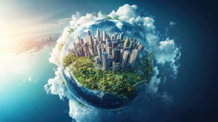 A conceptual image of Earth with highlighted regions for sustainable business practices, showing green cities, renewable energy sources, and thriving ecosystems.の素材