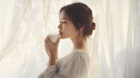 A close-up of a beautiful Asian pregnant woman sipping milk, bathed in soft morning light, standing in front of a sheer white curtain, symbolizing health and nourishment for mother and baby.の素材