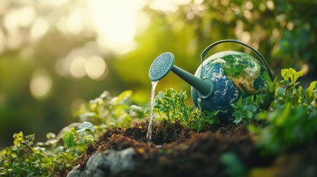 A close-up of a watering can positioned above a lush, green globe, highlighting the importance of caring for our environment and promoting sustainability.の素材