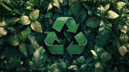 A creative depiction of the green recycling symbol surrounded by leaves, illustrating the concept of eco-conscious living and the importance of waste recycling.の素材