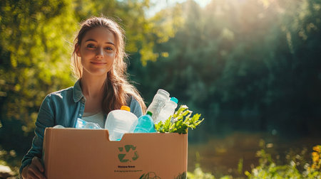 A captivating visual of a businesswoman actively promoting recycling, displaying a box of plastic-free items in a beautiful natural setting, symbolizing commitment to sustainability.の素材