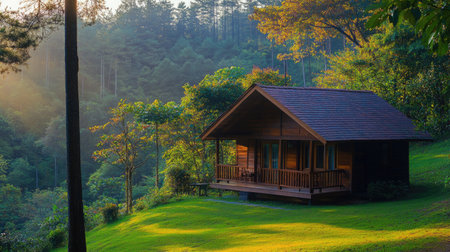 Wooden cottage nestled among trees in a serene forest, offering a tranquil and scenic setting, perfect for peaceful getaways. -の素材