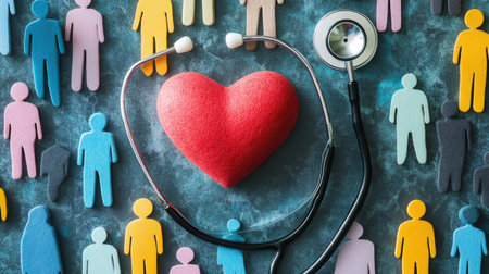 A conceptual image of a heart and stethoscope on a backdrop of a diverse workforce, symbolizing the importance of health and safety at work for World Health Day.の素材