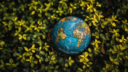 A close-up of a globe showcasing various ecosystems, surrounded by vibrant green saplings, illustrating the concept of cultivating trees for a sustainable future.の素材