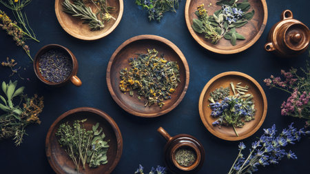 Wooden plates with dried folk herbs surrounded by medicinal pots and cups on a dark navy blue background.の素材