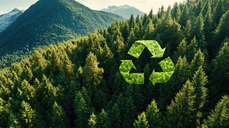 A bold recycle symbol superimposed on a breathtaking view of a lush forest of green pine trees on a mountainside,の素材