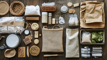 A collection of reusable items, such as bags and containers, arranged artistically to promote a zero-waste lifestyle in honor of Earth Day and environmental protection.の素材