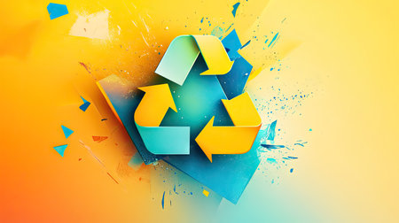 A dynamic illustration of the recycle symbol formed by three arrows, emphasizing sustainability and eco-friendliness, set against a bright backdrop to capture attention.の素材