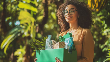 A confident businesswoman holding a collection of recyclable materials in a green box against a vibrant natural backdrop, promoting plastic-free packaging and sustainability.の素材