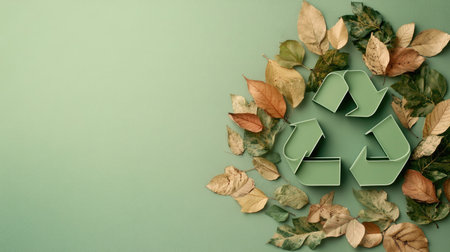 A flat lay of a green recycling sign adorned with leaves, set against a soft backdrop, providing space for promotional text about sustainability and recyclingの素材