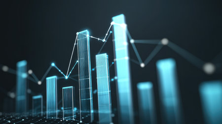 3D bar chart with upward and downward bars connected by dotted lines, symbolizing business success and challenges. Room for business message or text.の素材