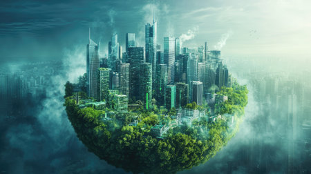 A conceptual image of Earth with highlighted regions for sustainable business practices, showing green cities, renewable energy sources, and thriving ecosystems.の素材