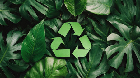 A minimalist design featuring a green recycling symbol integrated with vibrant leaves, promoting eco-friendly initiatives and the importance of recycling. Room for branding.の素材