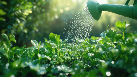 A dynamic scene of a watering can showering droplets onto a vibrant green Earth, with lush greenery in the background, promoting messages of growth and sustainability.の素材