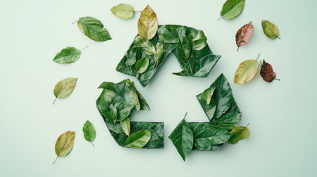 A creative depiction of a green recycling sign with leaves, set against a light background, allowing for customization with your eco-friendly messages.の素材