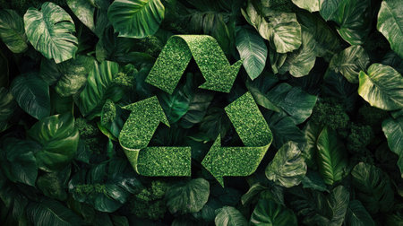 A dynamic image of a green recycling symbol integrated with natural leaves, showcasing the synergy between waste management and eco-conscious practices. Room for textの素材