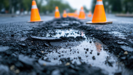A detailed image of asphalt being smoothed over a repaired pothole, with traffic cones in the background, showcasing the final touches of effective road maintenanceの素材