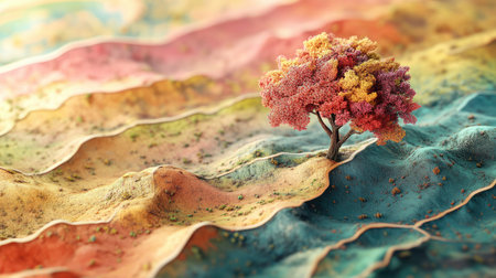 A colorful 3D tree in a stylized landscape representing both flourishing and drought-stricken areas, promoting awareness of land restoration efforts and sustainability.の素材