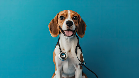 A friendly beagle wearing a stethoscope, sitting proudly on a blue background, emphasizing the theme of compassionate veterinary care for pets.の素材