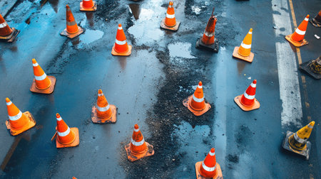 A vibrant image of traffic cones placed strategically around a pothole patching site, with construction workers in action, representing the efforts to keep urban roads safe and functional.の素材