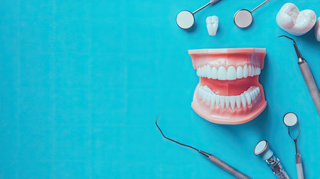 A creative composition featuring essential dental tools with a plastic teeth model, positioned against a bright blue background, perfect for educational materials.の素材