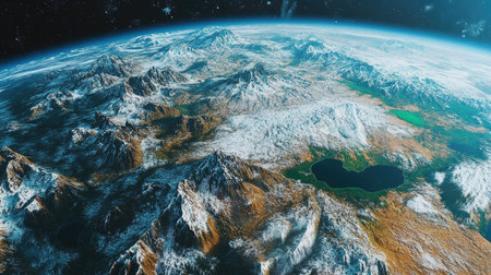 A captivating image of Earth featuring different ecosystems on its surface, including tropical rainforests, arid deserts, and snowy tundras, representing environmental variety.の素材