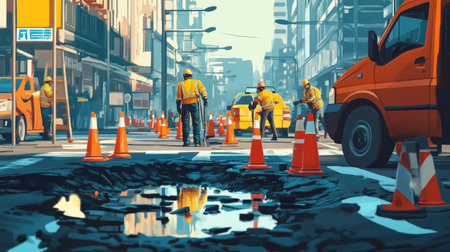 A busy urban scene with workers repairing a pothole, traffic cones in place to guide vehicles, highlighting the ongoing commitment to maintaining city infrastructure. -の素材