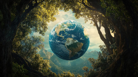 A captivating scene featuring a globe with detailed landforms and oceans, framed by healthy trees, promoting the idea of ecological stewardship through tree cultivation.の素材