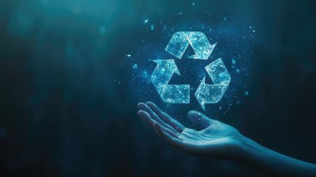 A hologram of a recycling symbol with a blue gradient background, complemented by a hand, symbolizing the technological advancements in promoting eco-friendly practices.の素材