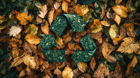 A green waste recycling symbol highlighted by a backdrop of vibrant leaves, with plenty of empty space for slogans or messages about recycling and eco-friendliness.の素材