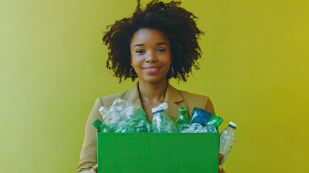 A powerful image of a businesswoman confidently presenting a collection of recyclable plastics in a green box, reinforcing the message of sustainability and ecological responsibility.の素材