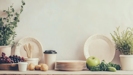 A table adorned with eco-friendly paper plates and compostable containers, emphasizing the use of biodegradable materials in food packaging. Room for text or branding.の素材