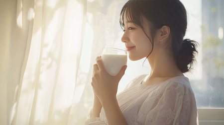 A delightful close-up of a pregnant Asian woman drinking milk, her face softly lit by morning light, standing by a flowing white curtain, promoting the benefits of good nutrition.の素材
