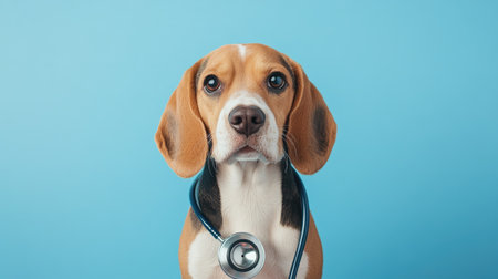 A playful image of a beagle with a stethoscope, looking curiously at the camera against a soft blue backdrop, perfect for promoting pet health and veterinary services.の素材