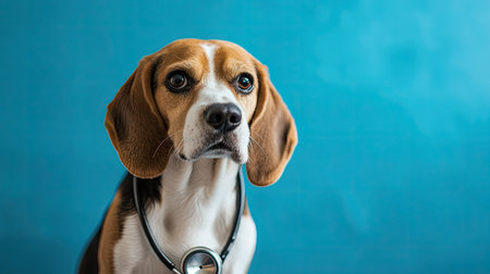 A creative shot of a beagle wearing a stethoscope, looking attentive and alert on a blue background, ideal for highlighting the bond between pets and their veterinarians.の素材