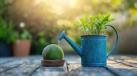 A serene image of a watering can placed next to a green Earth on a wooden table, representing the connection between gardening and environmental stewardship.の素材