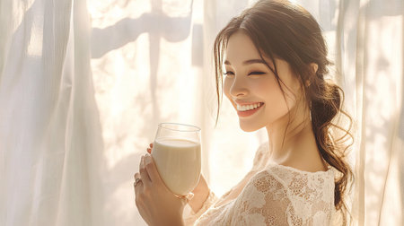 A joyful portrait of a beautiful Asian pregnant woman holding a glass of milk, with morning sunlight filtering through white curtains, representing maternal health and nourishment.の素材