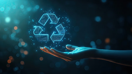 A hologram of a recycling symbol with a blue gradient background, complemented by a hand, symbolizing the technological advancements in promoting eco-friendly practices.の素材