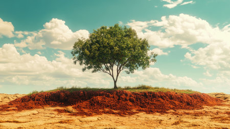 A dynamic composition featuring a healthy tree in a contrasting setting of desertification, highlighting the need for land restoration efforts for World Environment Day 2024. -の素材