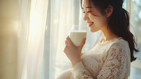 A warm close-up of a pregnant Asian woman with a content smile, drinking milk in the soft glow of morning light behind a white curtain, emphasizing healthy choices during pregnancy.の素材