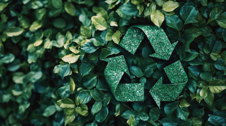 A striking green waste recycling symbol entwined with fresh leaves against a clean background, emphasizing the connection between nature and recycling. Ideal for eco-friendly messaging.の素材